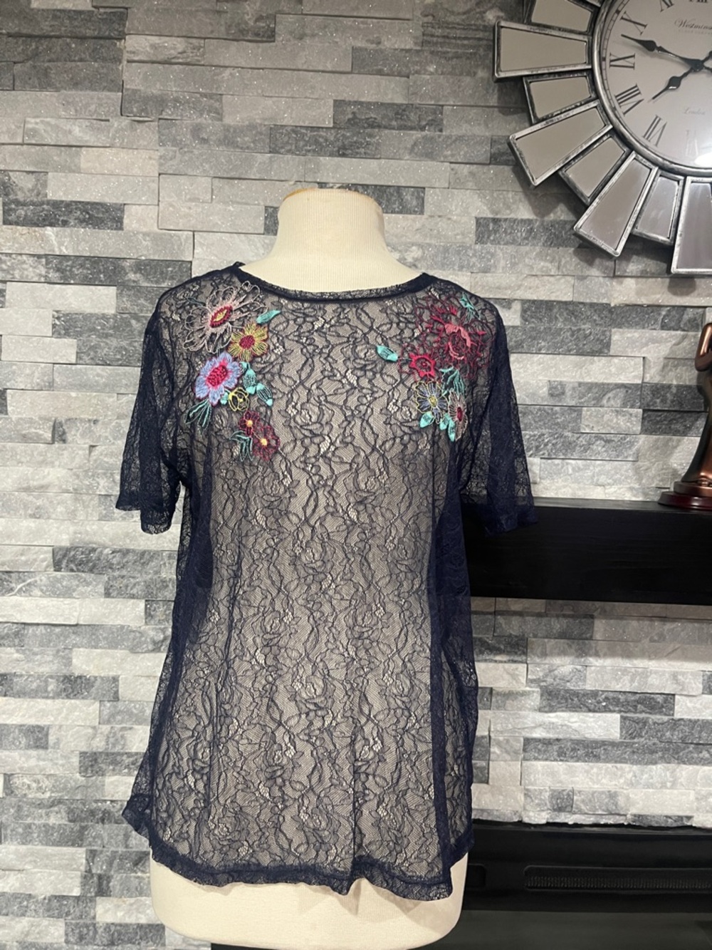 Zara Sheer Purple Lace Top Floral Embroidery Short Sleeve Size L Fairy Coquette